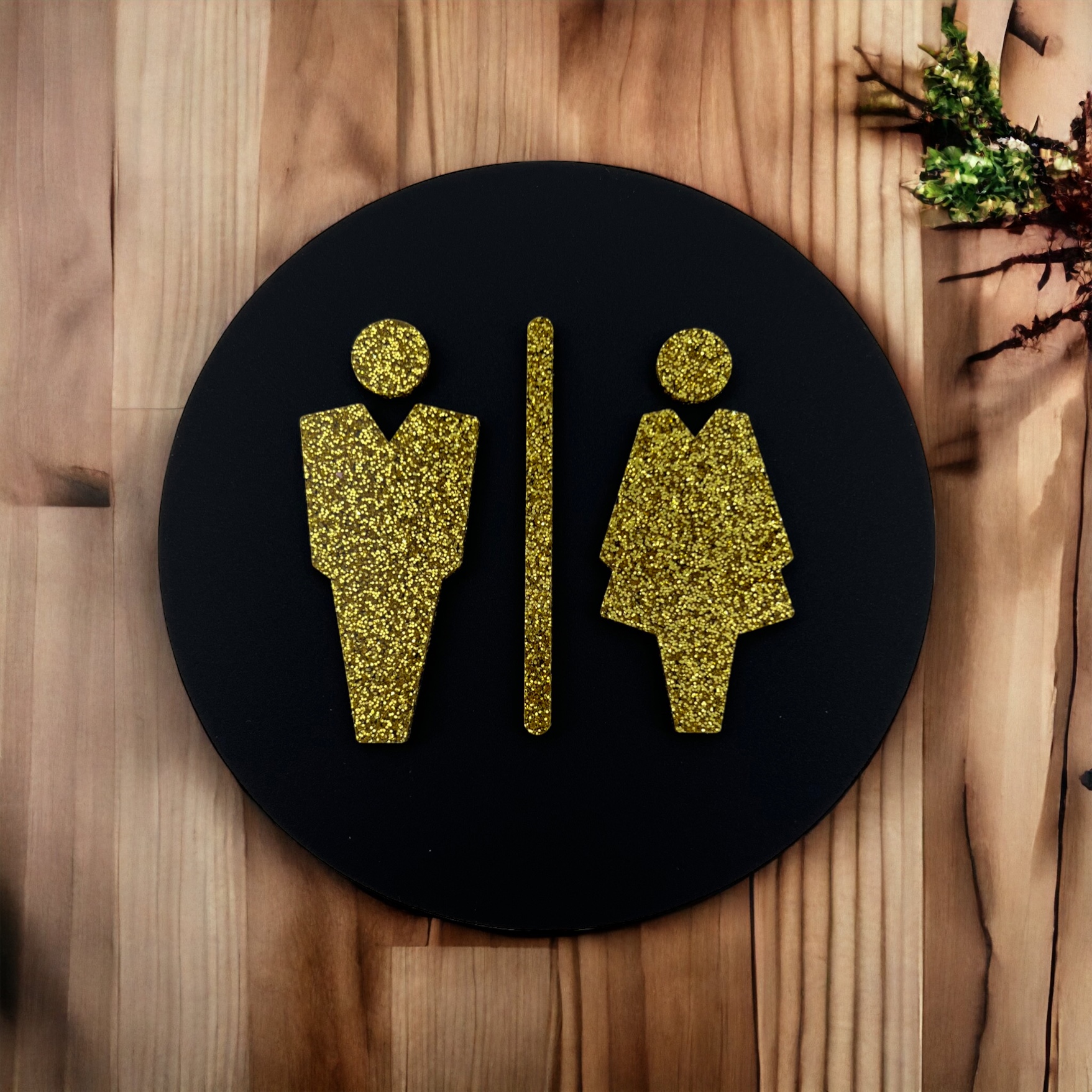 Tabliczka na Toaletę 3D – Czarny / Złoty Brokatowy, Ø 14 cm - obrazek 4