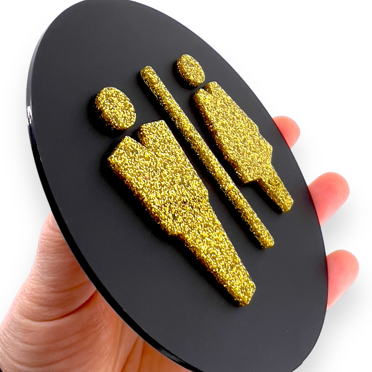 Tabliczka na Toaletę 3D – Czarny / Złoty Brokatowy, Ø 14 cm - obrazek 8
