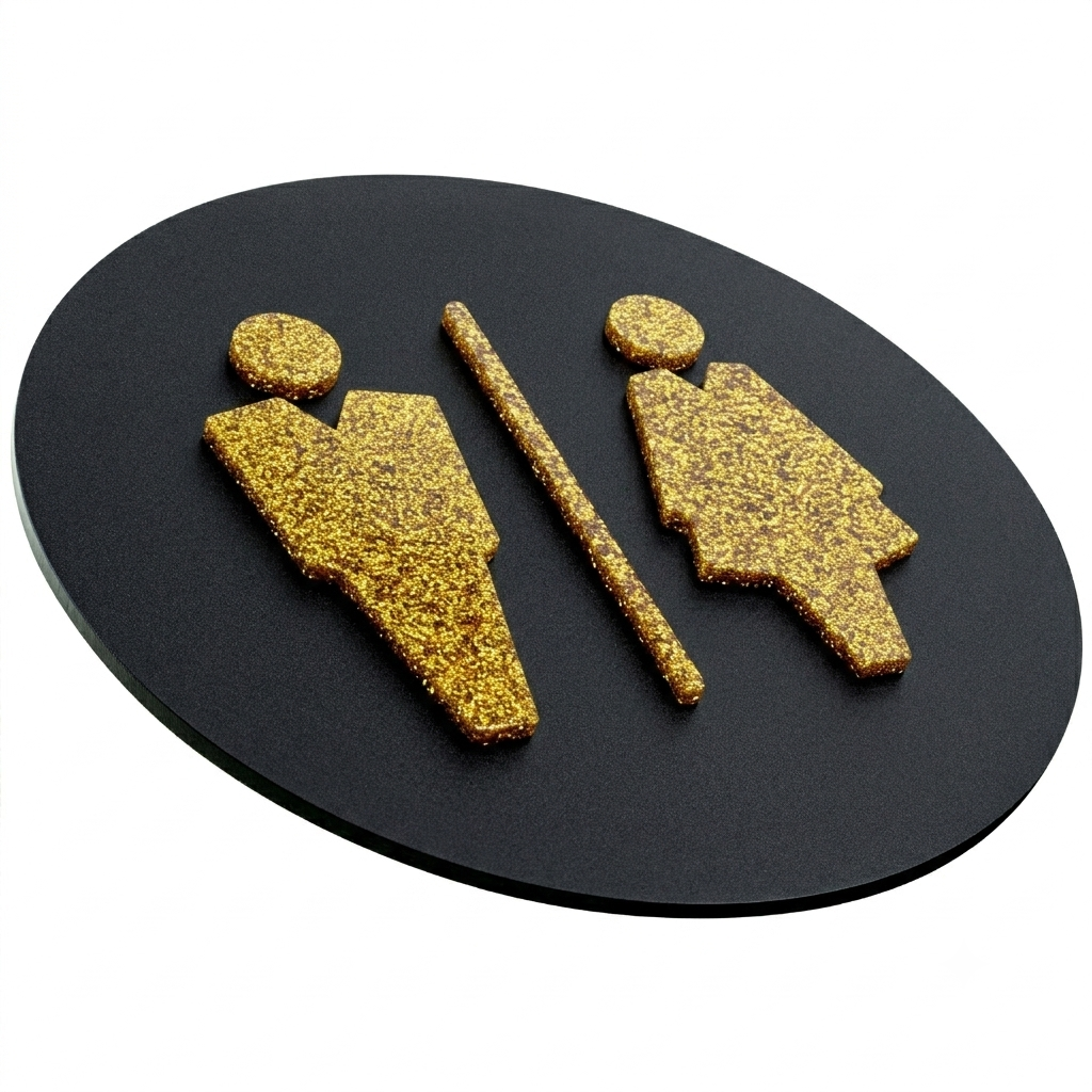 Tabliczka na Toaletę 3D – Czarny / Złoty Brokatowy, Ø 14 cm - obrazek 6