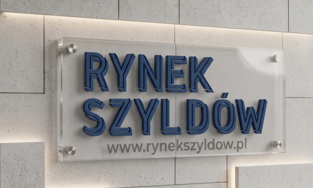 tablica z plexi z logo firmy rynek szyldów, wydrukowana na plexi, powieszona na jasnej szarej ścianie, przymocowana na dystansach