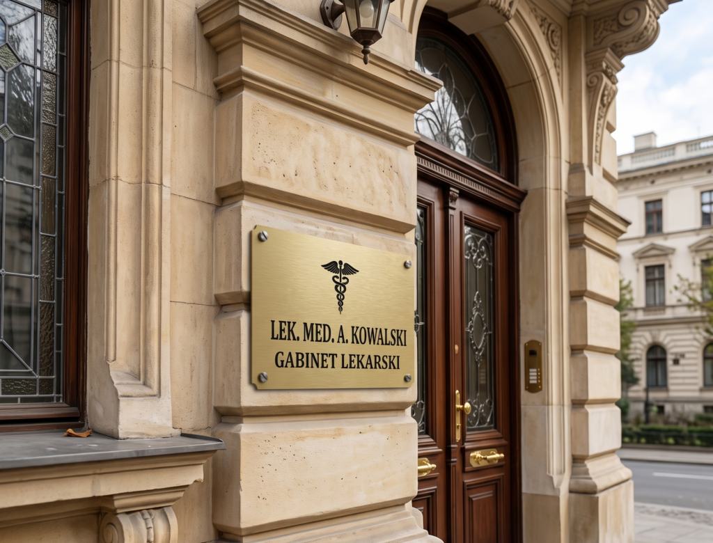 bardzo piękny budynek - kamienica a na niej tablica wykonana z laminatu grawerskiego grawerowana z napisem
